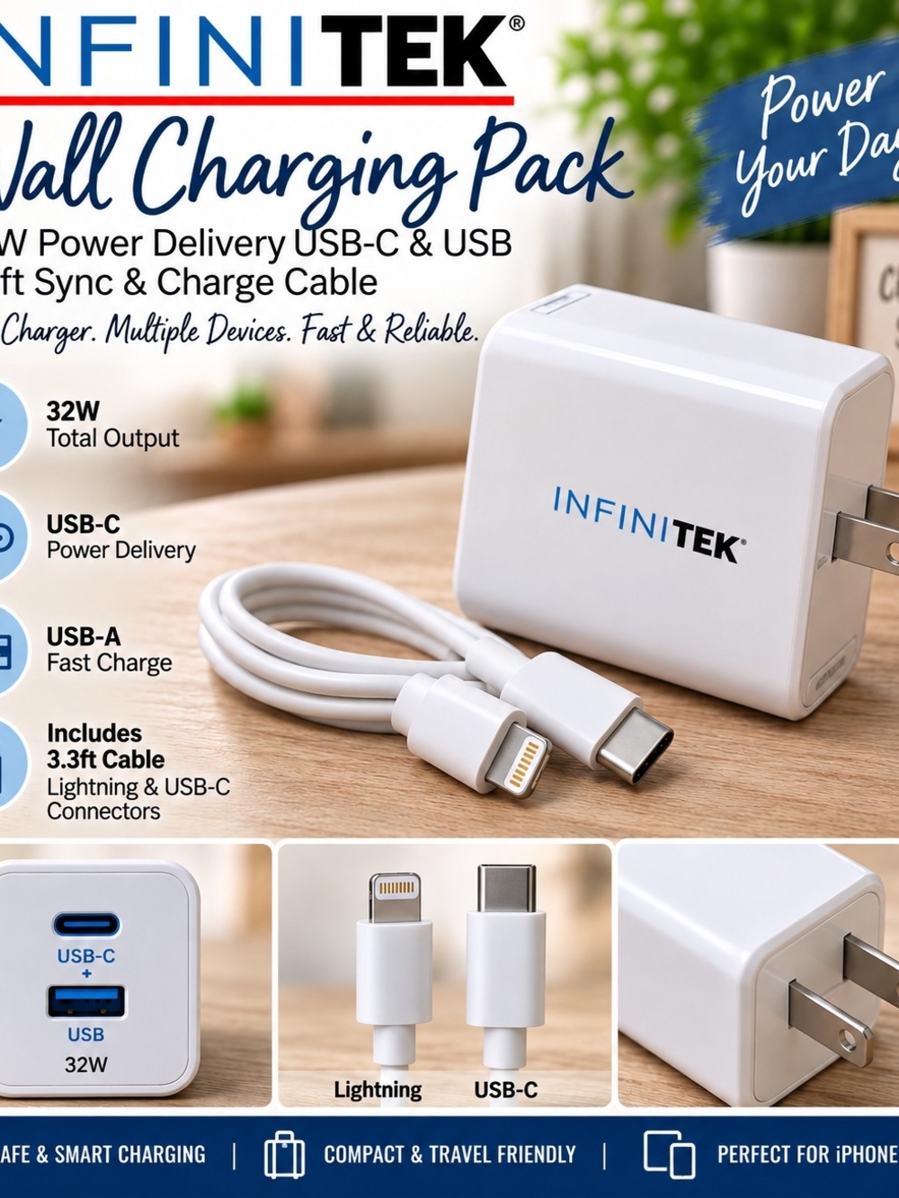 32W White USB-C & Lightning Wall Charging Pack